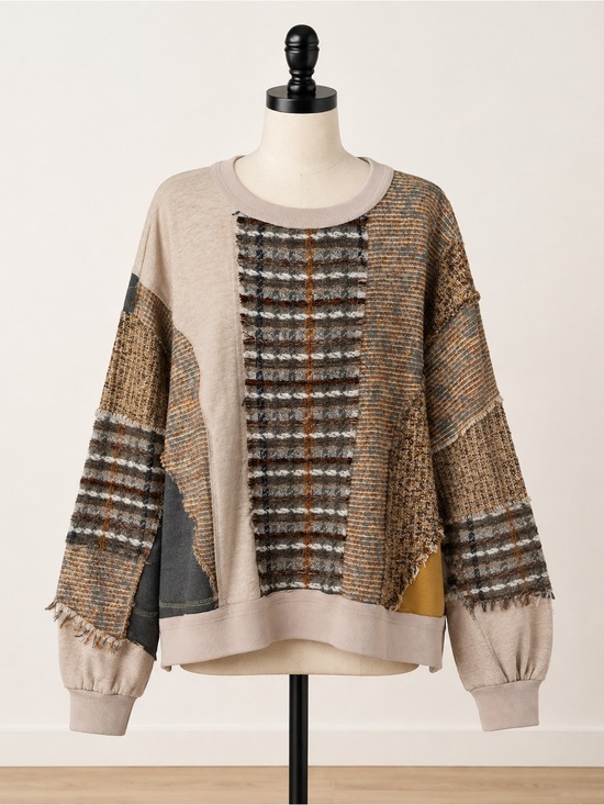 Oli & Hali Sweaters - Oli & Hali Patchwork Crewneck Sweater in Taupe, Brown, Mustard